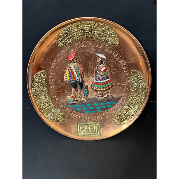 Vintage Hand Made Peruvian Copper and Brass Decorative Plate Man and Woman - Picture 1 of 8